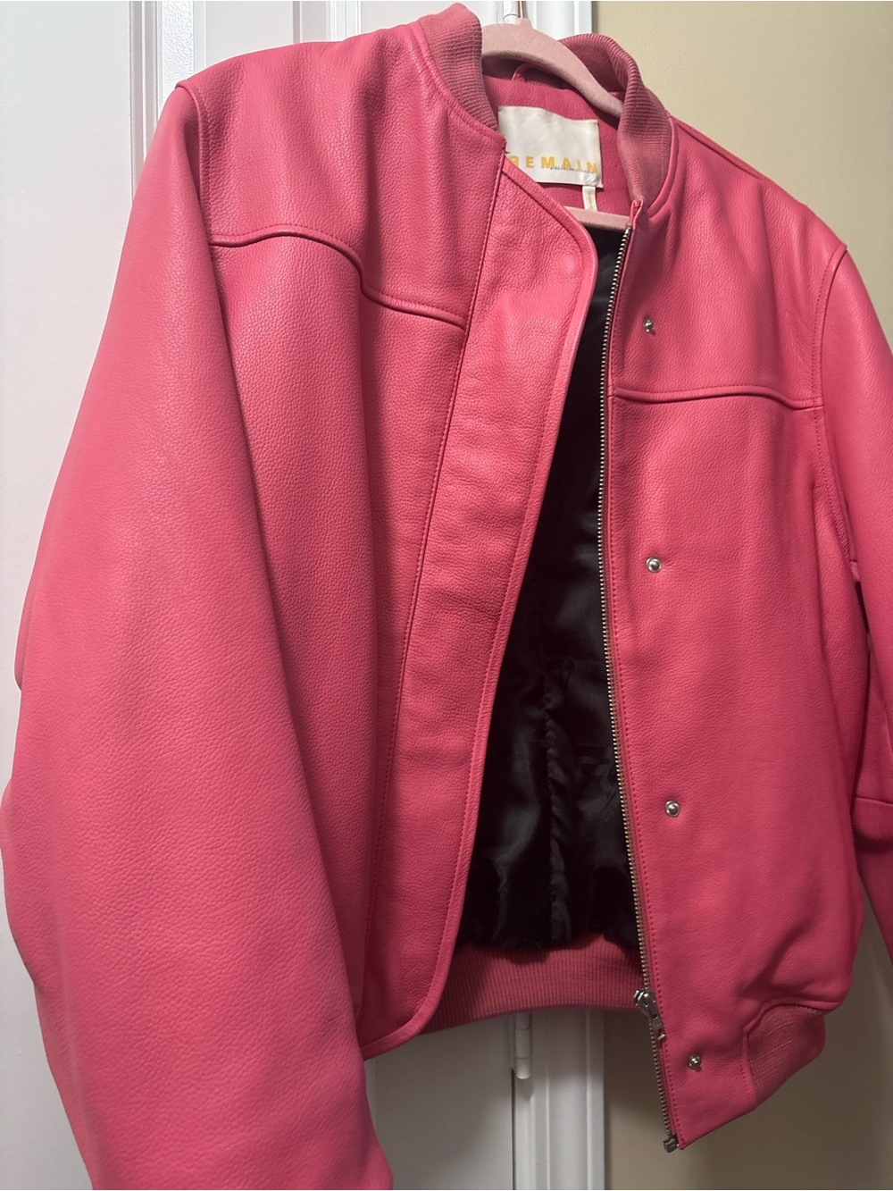Women's Pink Leather Bomber Jacket -
